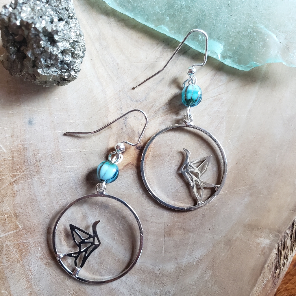 Handmade Czech Melon Beads Dancing Crane Earrings 15$